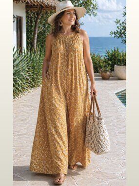 Mustard Cotton Wide Leg Oversized Jumpsuit Halter Lagenlook Boho XL World Market